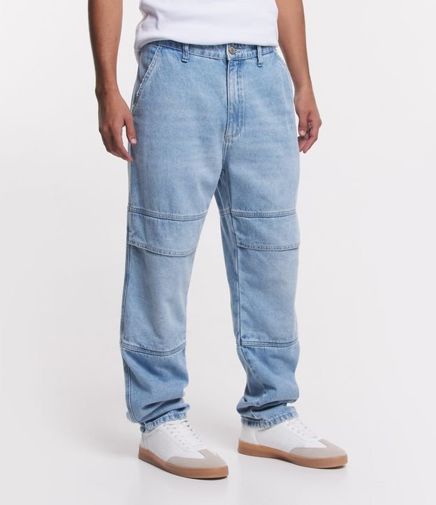 Calça Loose Reta em Jeans com Bolso no Joelho Azul 2