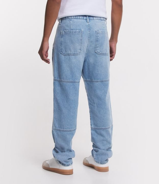 Calça Loose Reta em Jeans com Bolso no Joelho Azul 3