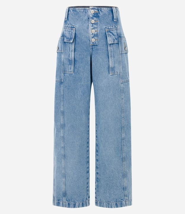 Calça Wide Leg Jeans com Recorte e Bolso Cargo Azul 5