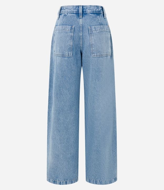 Calça Wide Leg Jeans com Recorte e Bolso Cargo Azul 6