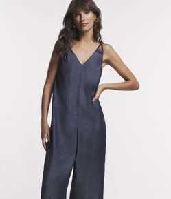 Macacão Longo em Jeans com Alças de Corda