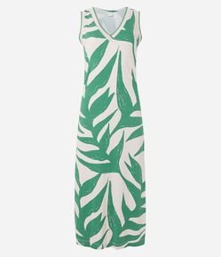 Vestido Midi Sem Manga em Viscose com Folhagens Estampadas