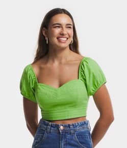 Blusa Cropped em Linho com Detalhes Pespontados