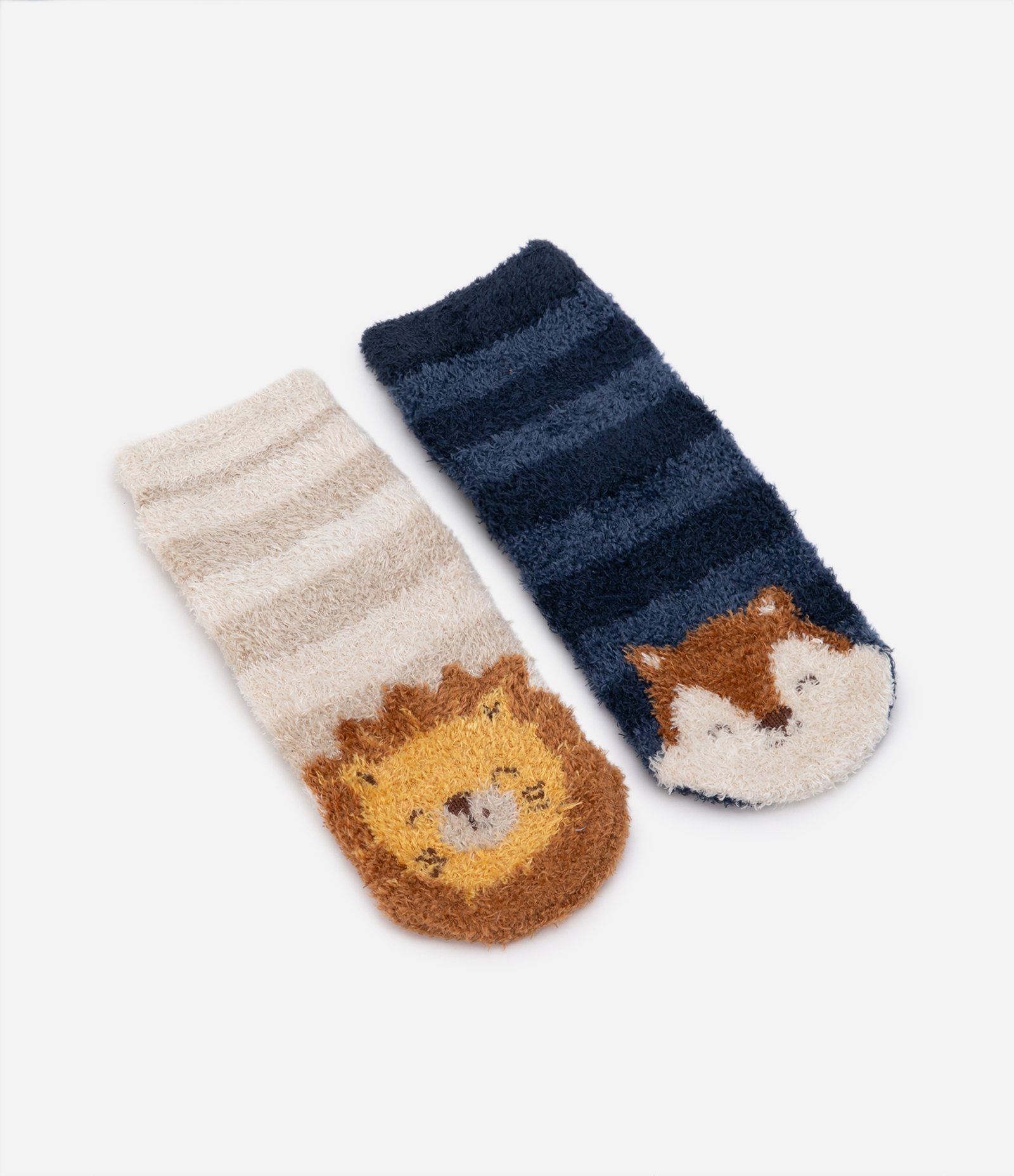 Kit 02 Meias Infantis em Chenille com Bichinhos - Tam 0 a 12 meses Bege/Azul 1