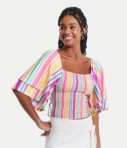 Blusa Texturizada Listrada com Lastex e Manga com Babado