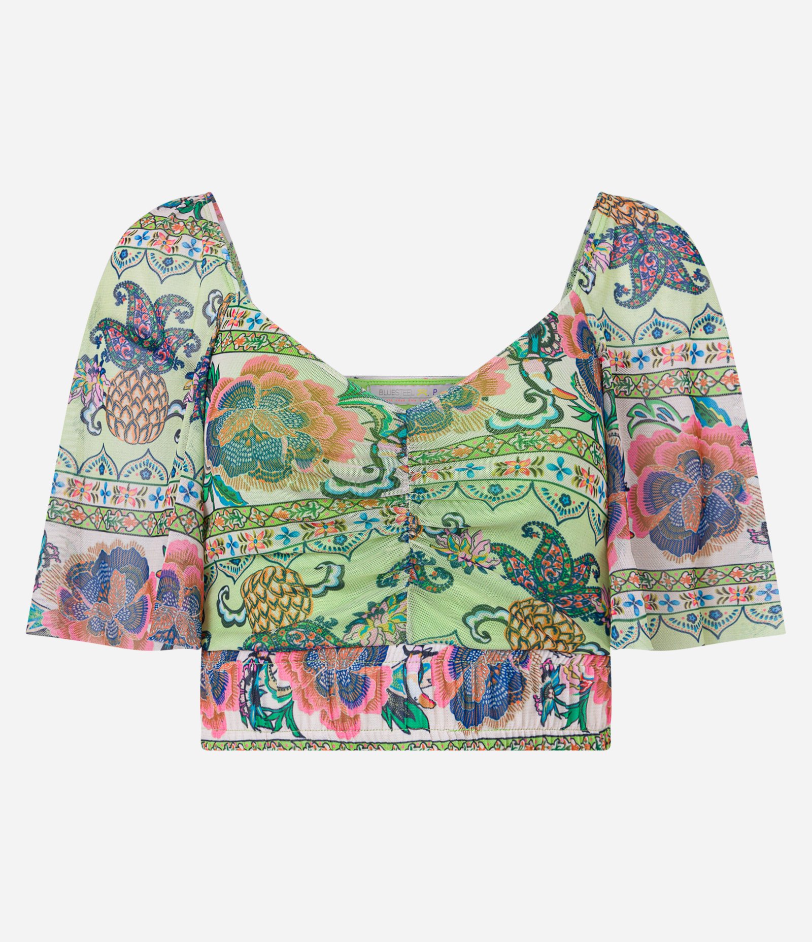 Blusa em Tule com Manga Soltinha e Estampa Étnica Verde 5