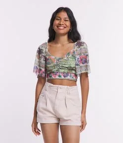 Blusa em Tule com Manga Soltinha e Estampa Étnica