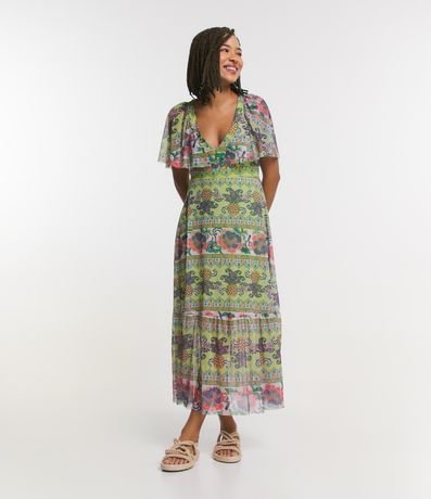Vestido New Midi em Tule com Estampa Étnica e Amarração Menor preço em Vestido New Midi em Tule com Estampa Étnica e Amarração