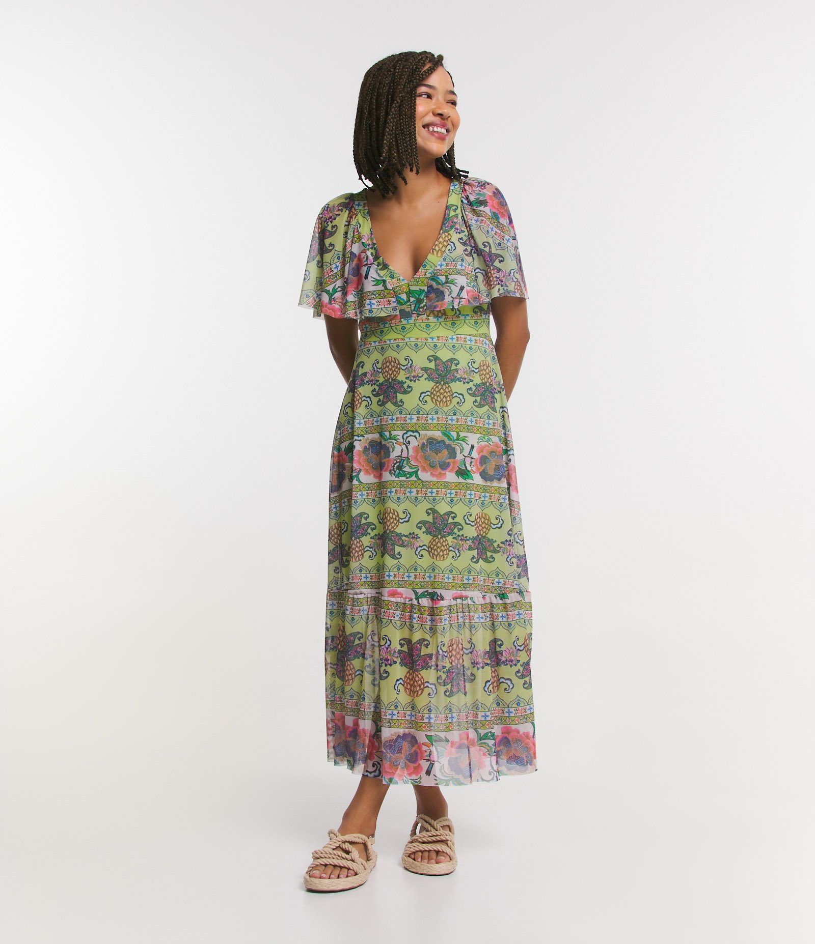 Vestido New Midi em Tule com Estampa Étnica e Amarração Verde 1