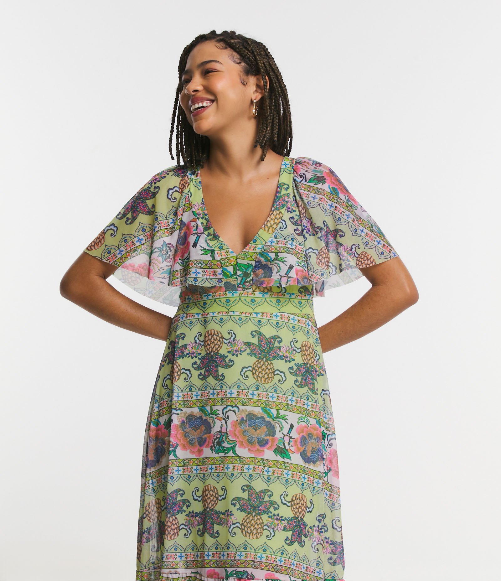 Vestido New Midi em Tule com Estampa Étnica e Amarração Verde 2