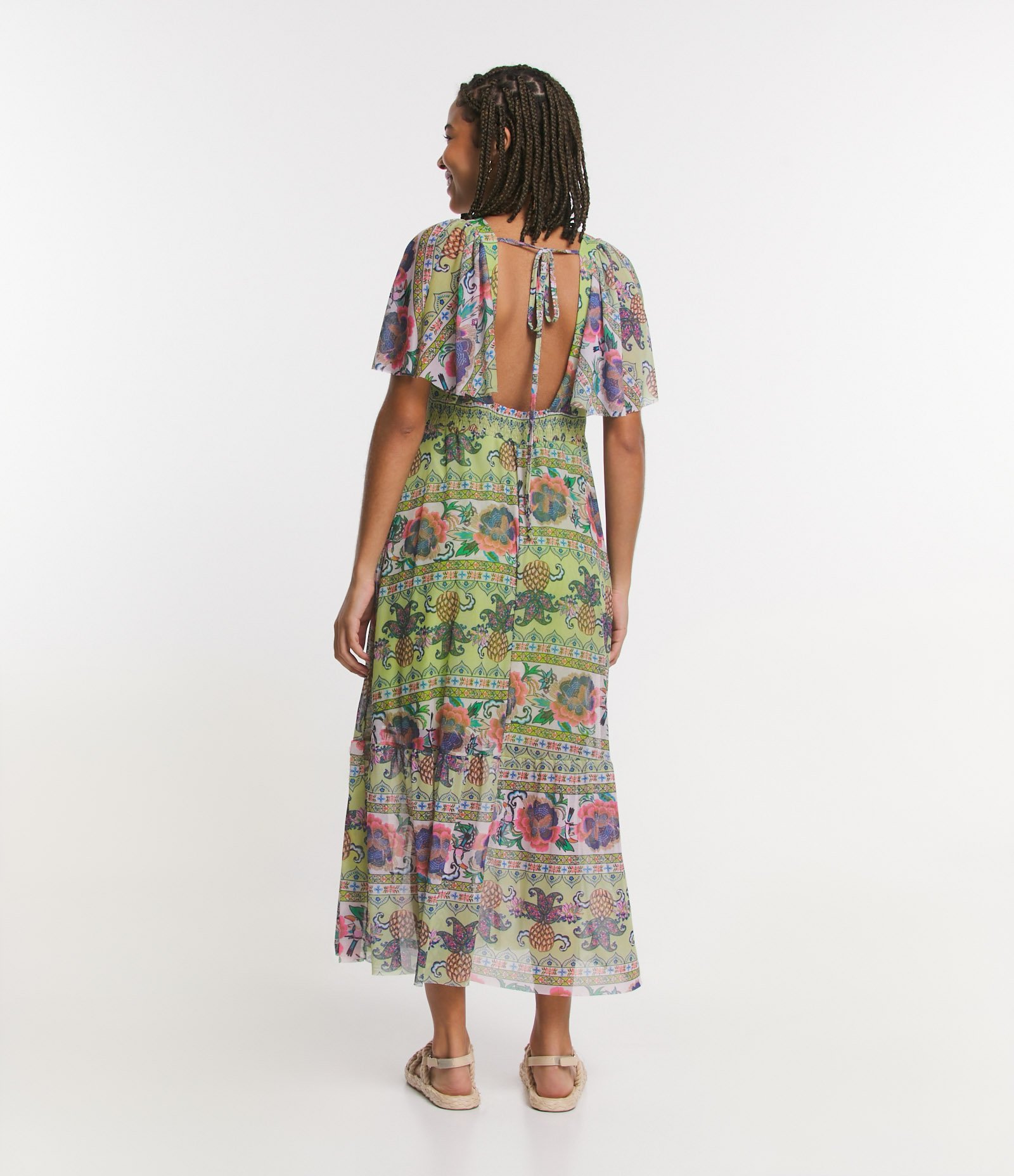 Vestido New Midi em Tule com Estampa Étnica e Amarração Verde 3