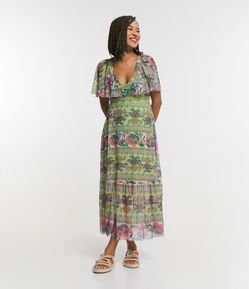 Vestido New Midi em Tule com Estampa Étnica e Amarração