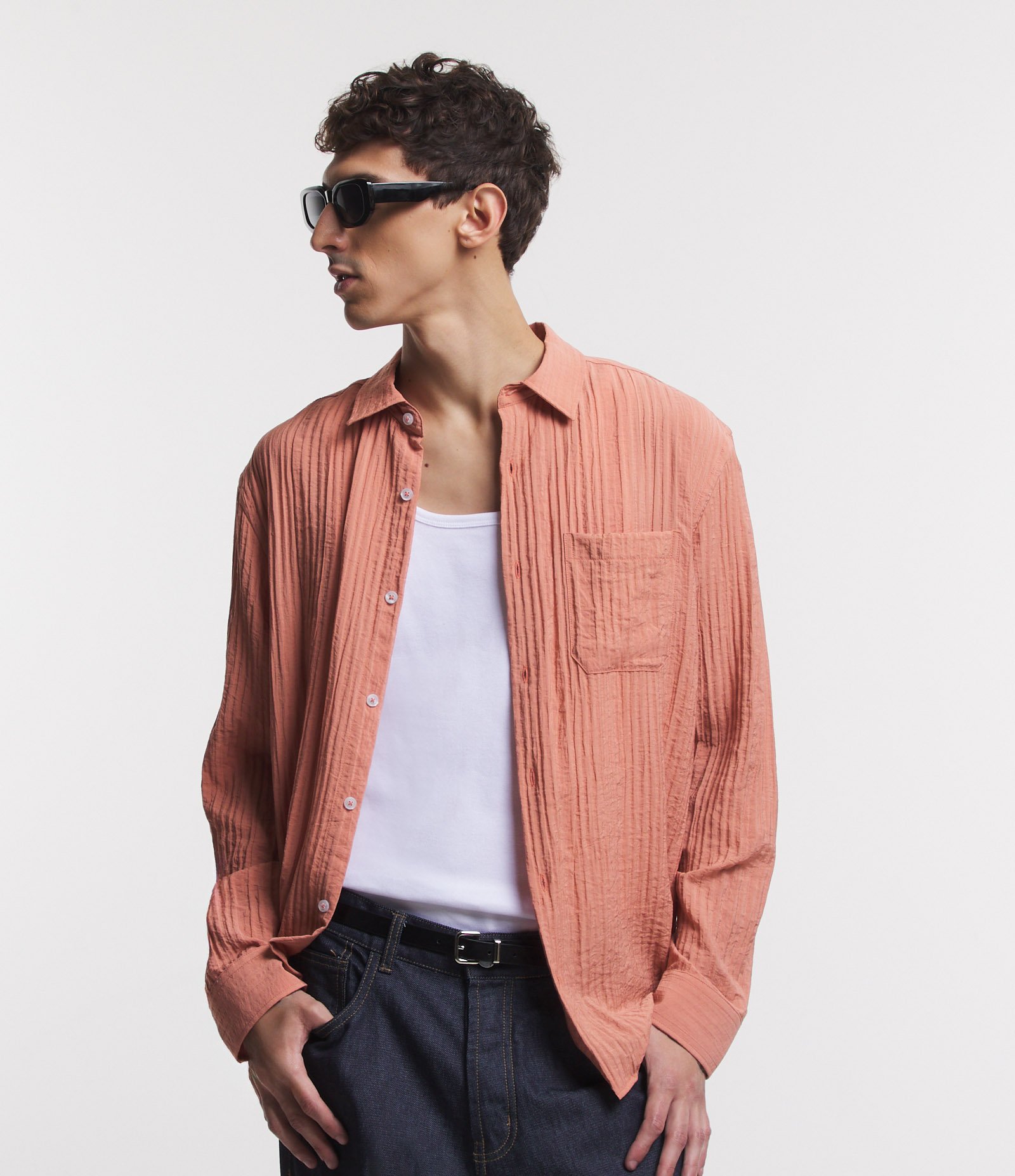 Camisa Fluída Manga Longa em Viscose Texturizada Laranja Coral 1