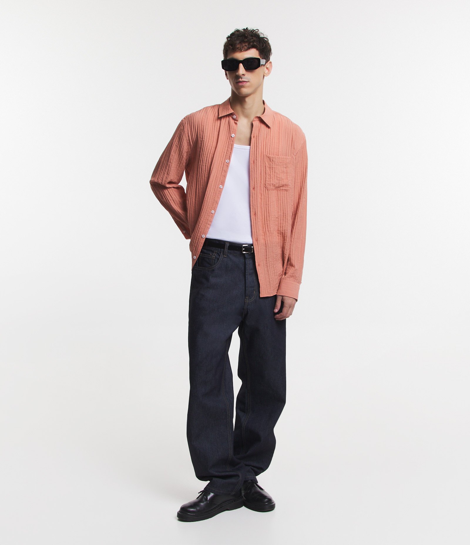 Camisa Fluída Manga Longa em Viscose Texturizada Laranja Coral 2