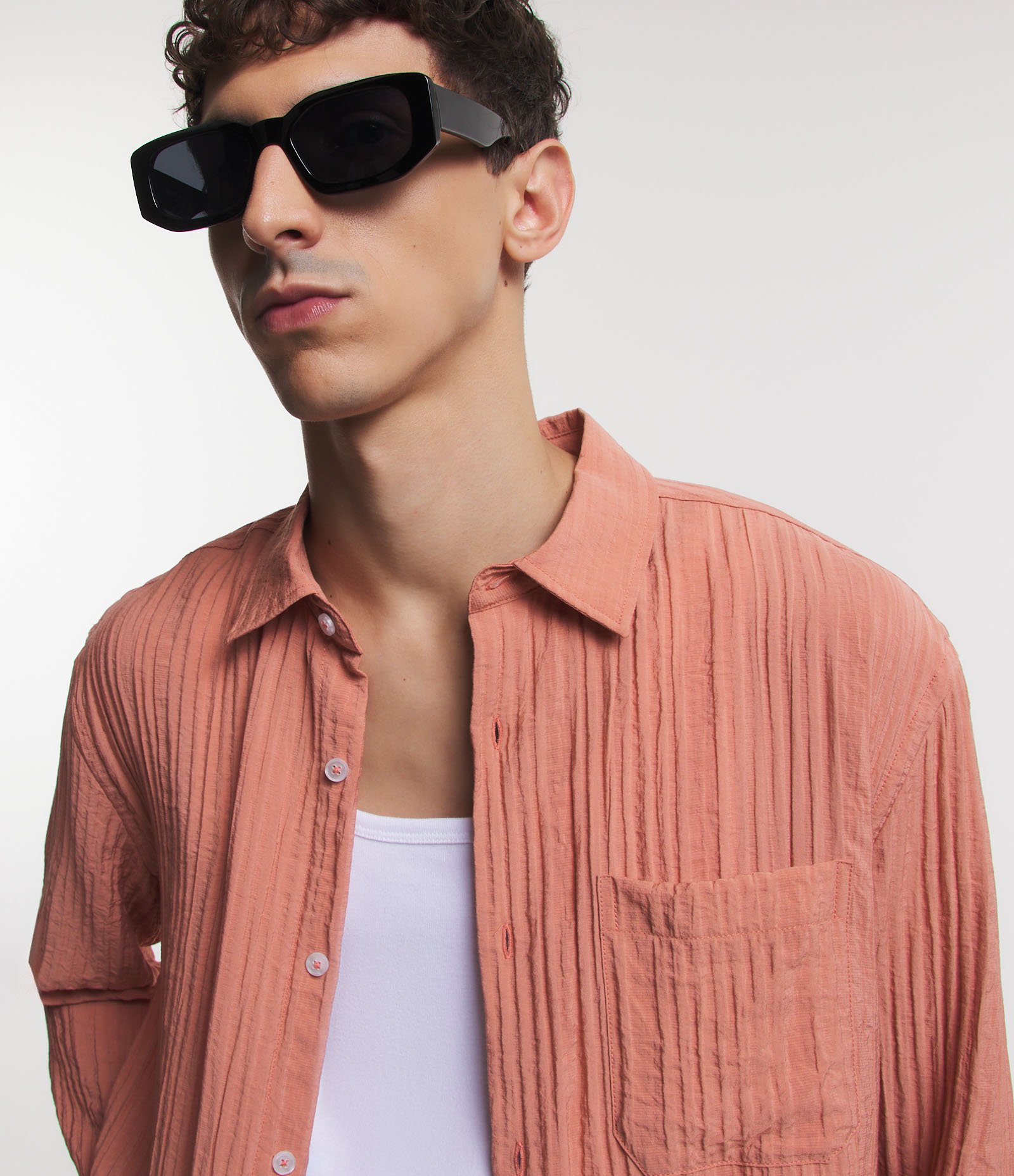 Camisa Fluída Manga Longa em Viscose Texturizada Laranja Coral 3