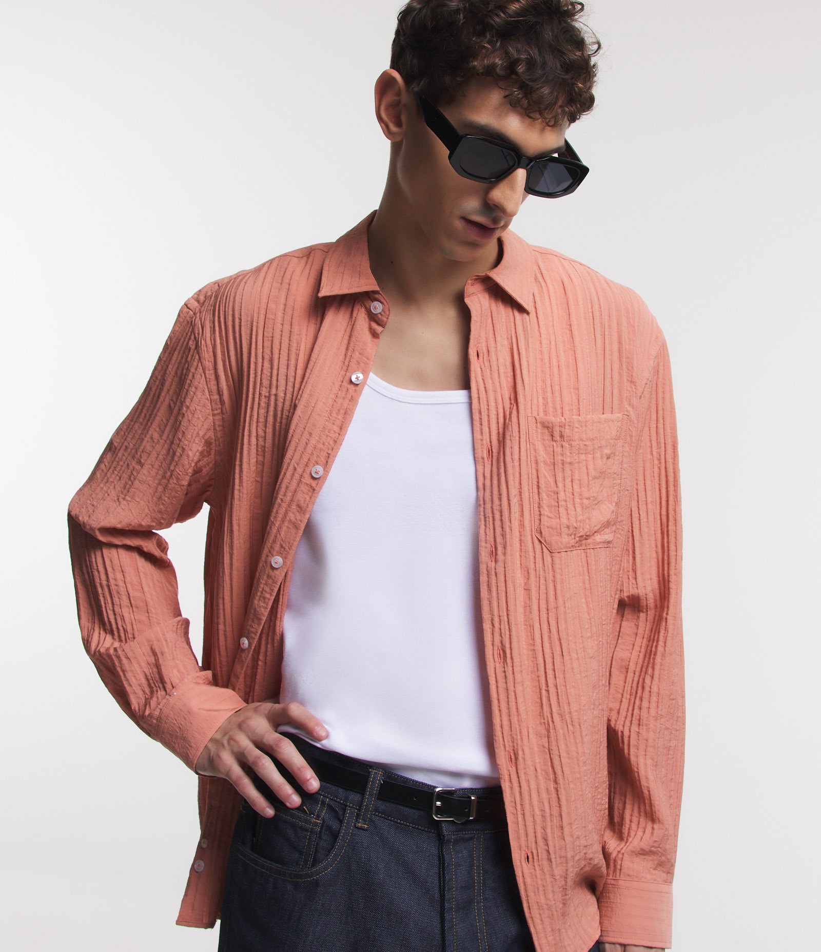 Camisa Fluída Manga Longa em Viscose Texturizada Laranja Coral 5