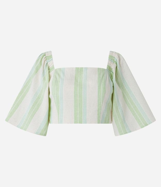 Blusa em Linho com Listras em Fio Tinto e Manga Ampla 3/4