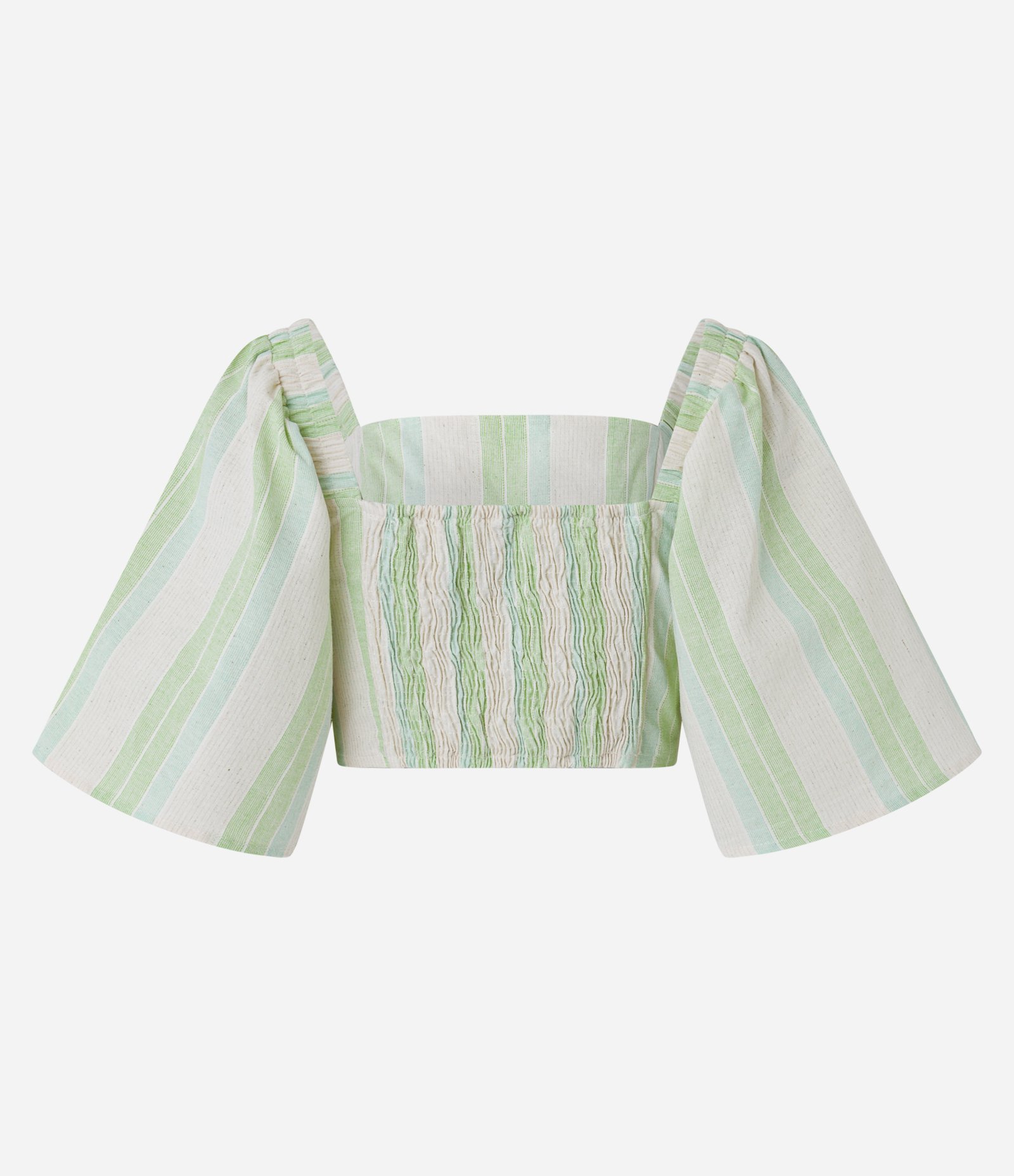 Blusa em Linho com Listras em Fio Tinto e Manga Ampla 3/4 Branco/Verde 7