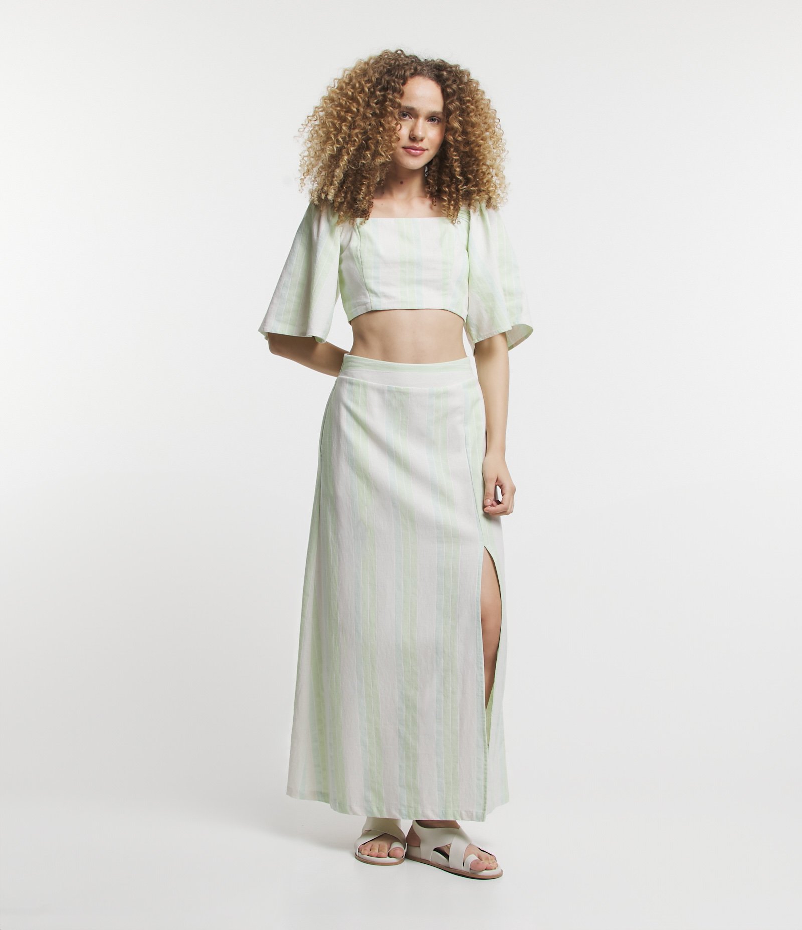 Blusa em Linho com Listras em Fio Tinto e Manga Ampla 3/4 Branco/Verde 2