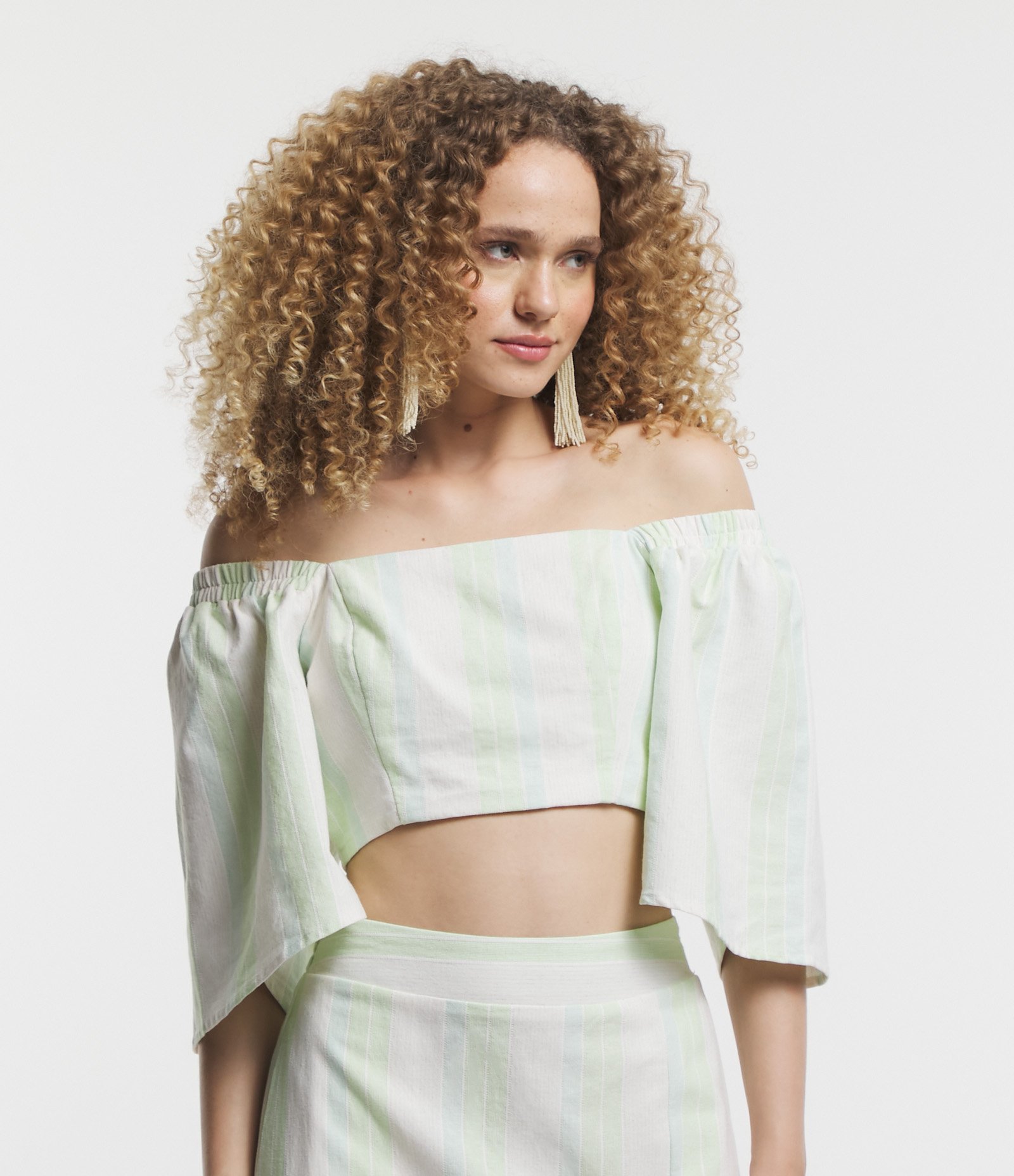 Blusa em Linho com Listras em Fio Tinto e Manga Ampla 3/4 Branco/Verde 3