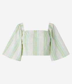 Blusa em Linho com Listras em Fio Tinto e Manga Ampla 3/4