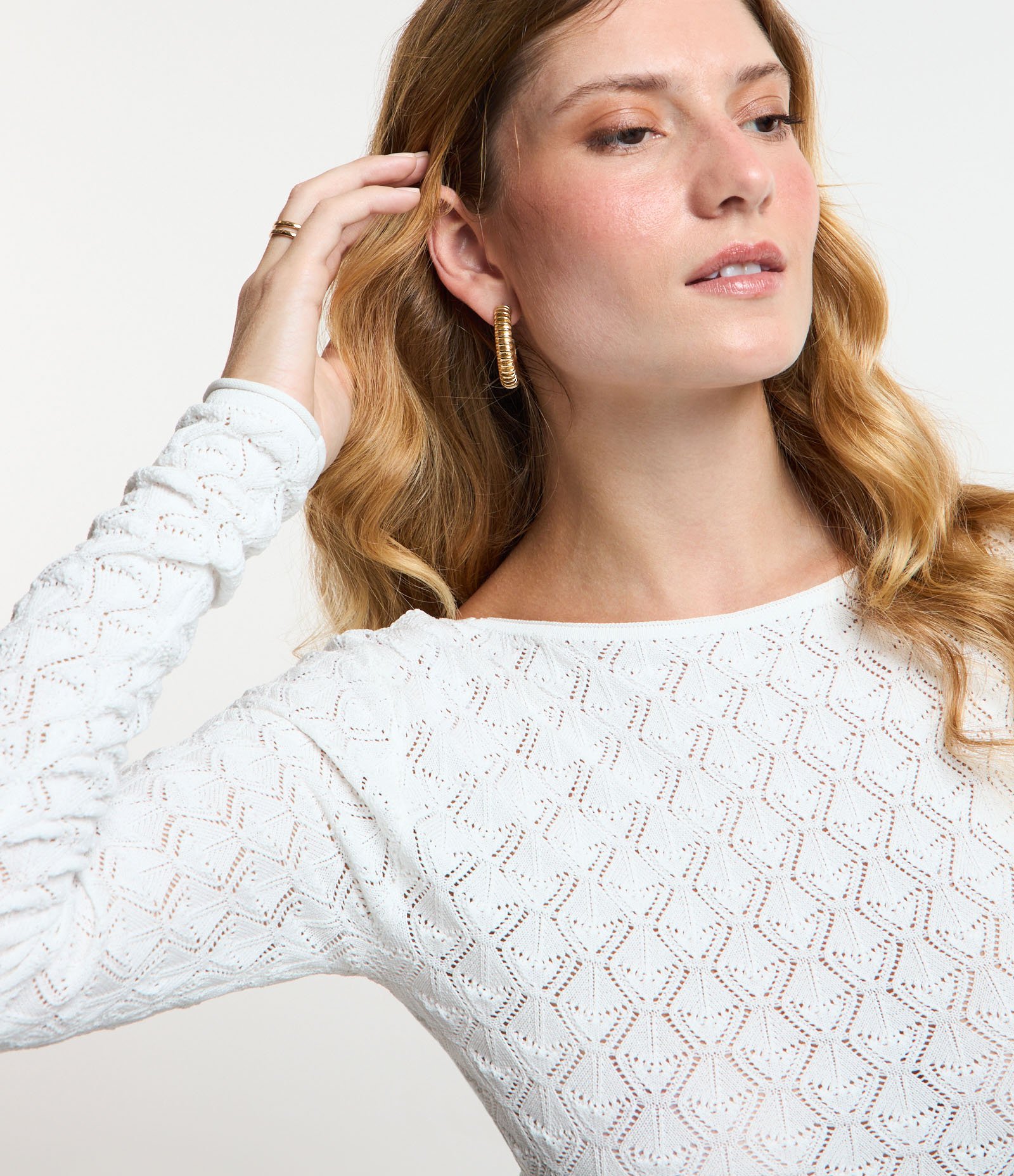 Blusa em Tricô com Textura Padronagem Geométrica Branco Neve 1