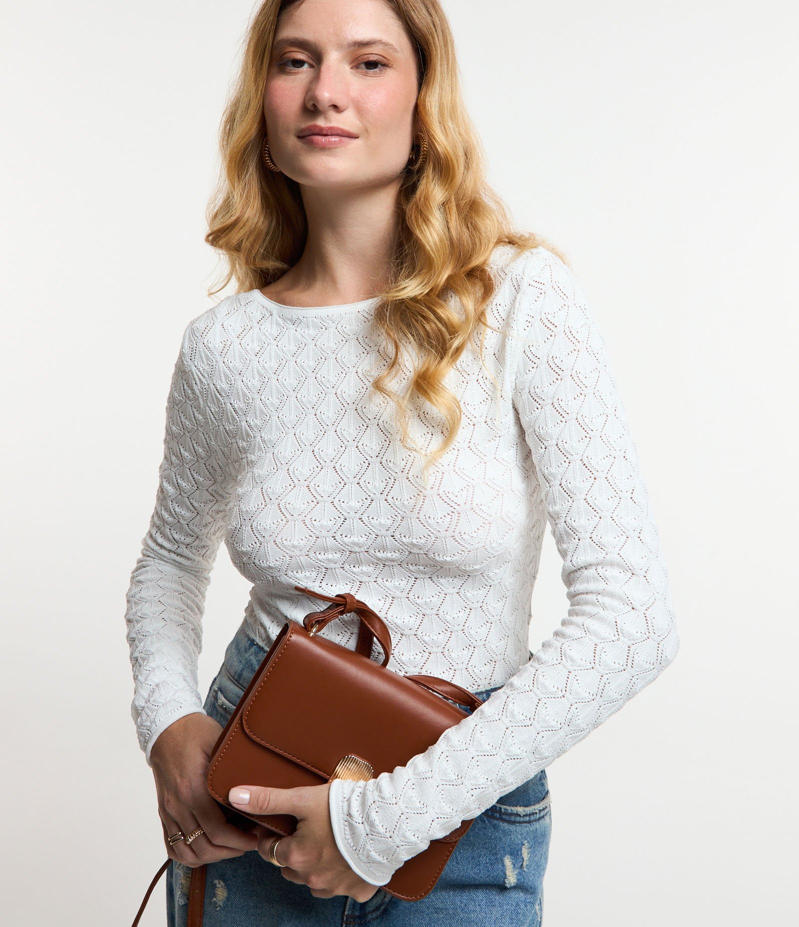 Blusa em Tricô com Textura Padronagem Geométrica Branco Neve 3