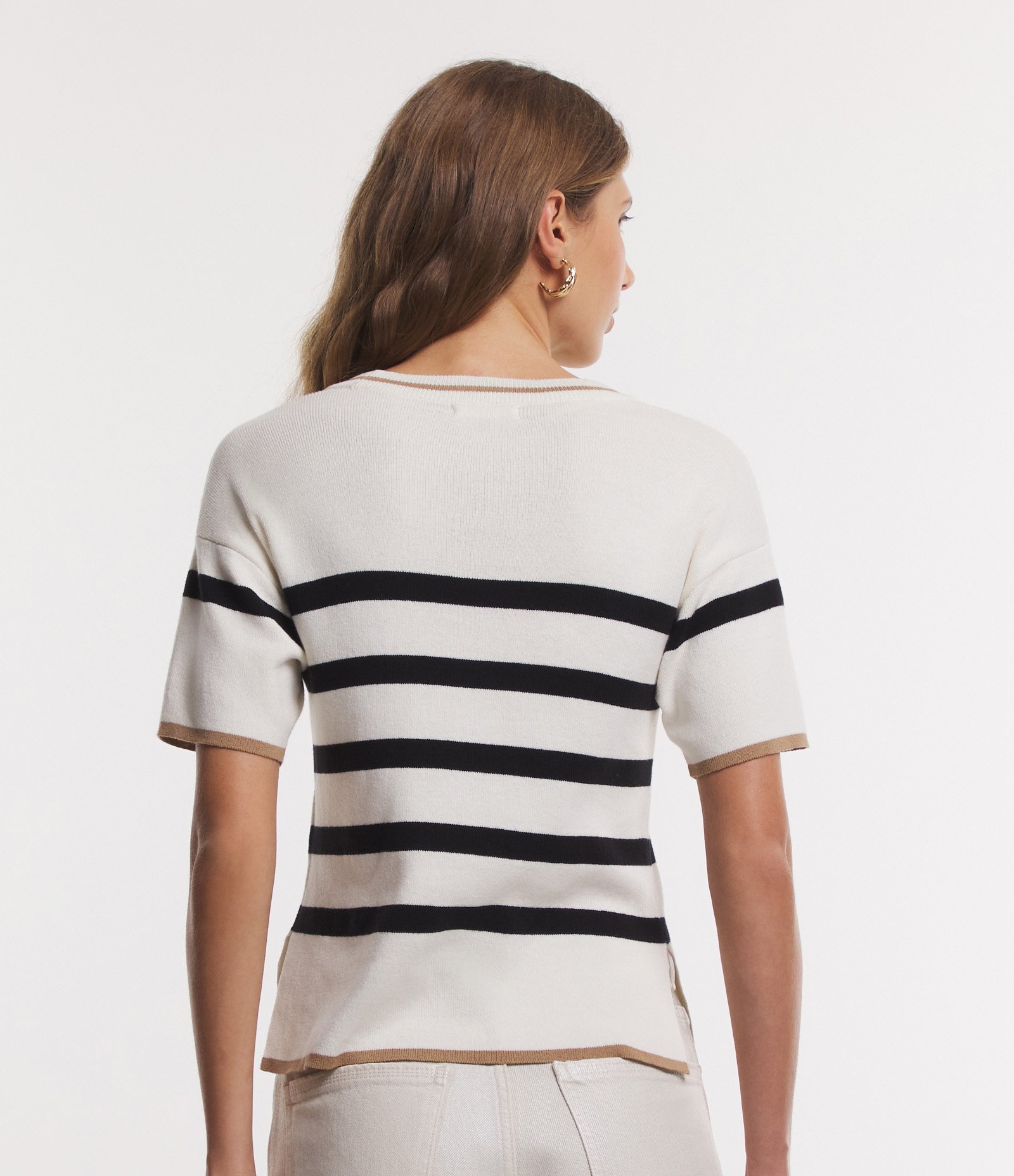 Blusa em Tricô com Listras e Barra Contrastante Off White 3