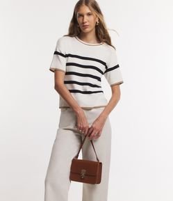 Blusa em Tricô com Listras e Barra Contrastante