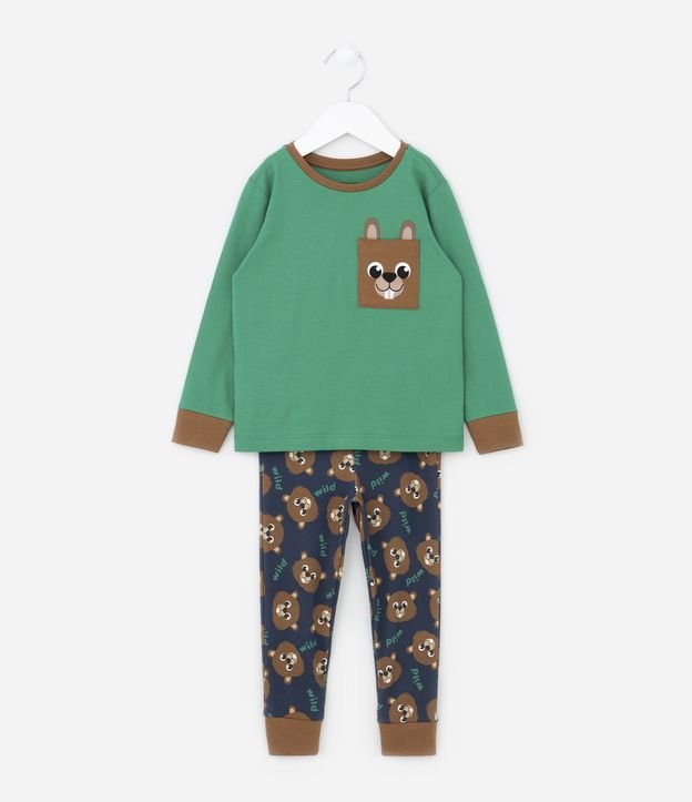 Pijama Longo Infantil em Meia Malha com Estampa de Castor - Tam 2 ao 4 anos