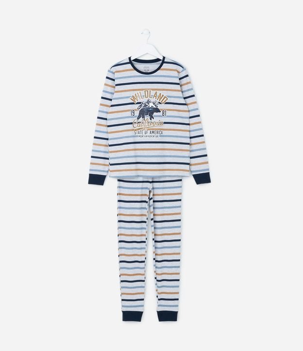 Pijama Longo Infantil Listrado com Estampa do Urso da Califórnia - Tam 5 a 14 anos Cinza Claro 1