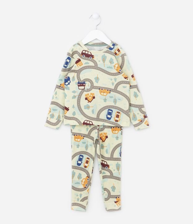 Pijama Longo Infantil com Estampa de Carrinhos e Estrada - Tam 2 a 4 anos Bege 1