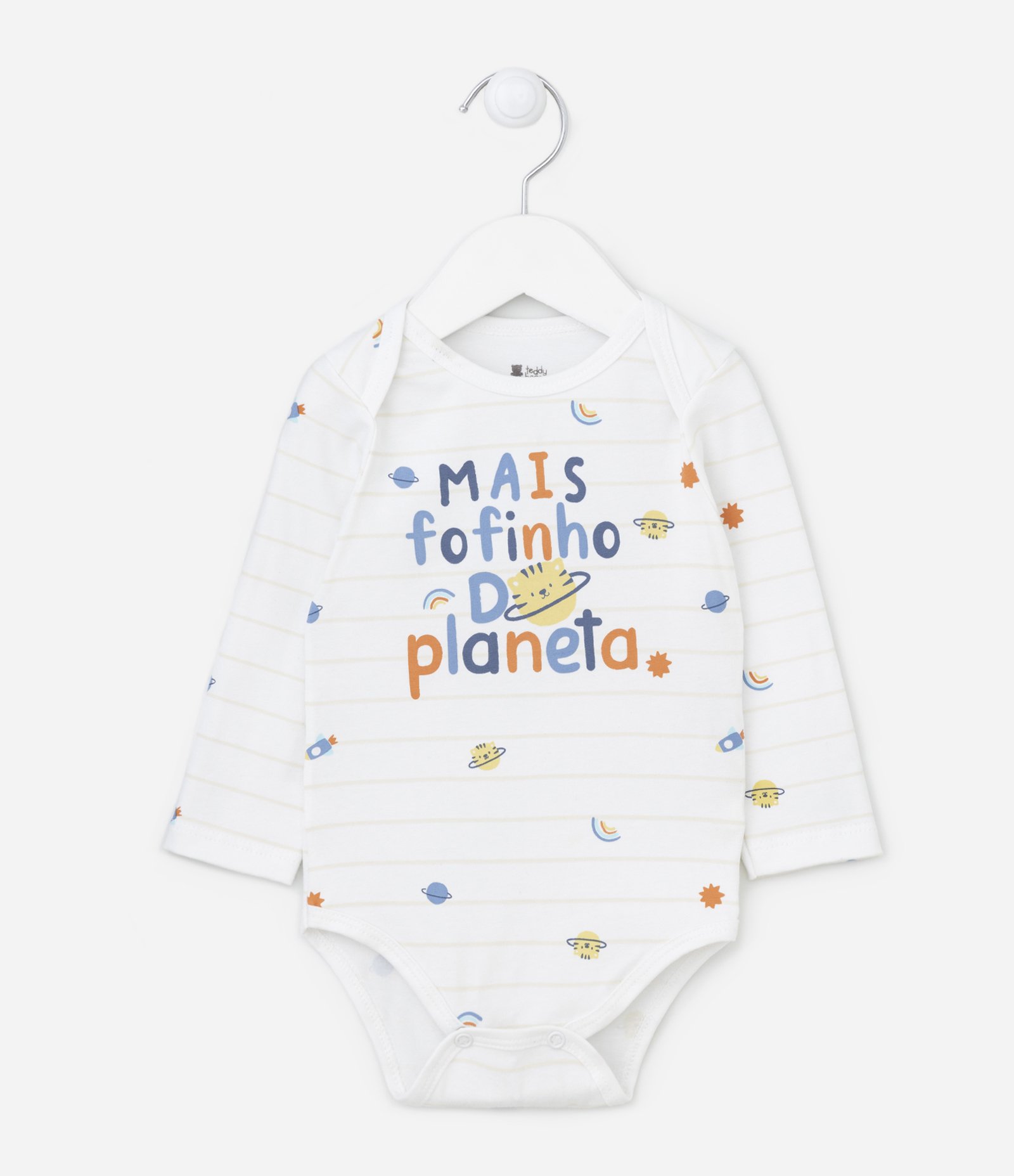 Body Longo Infantil com Estampa com Lettering e Planetas - Tam RN a 18 meses Branco 1