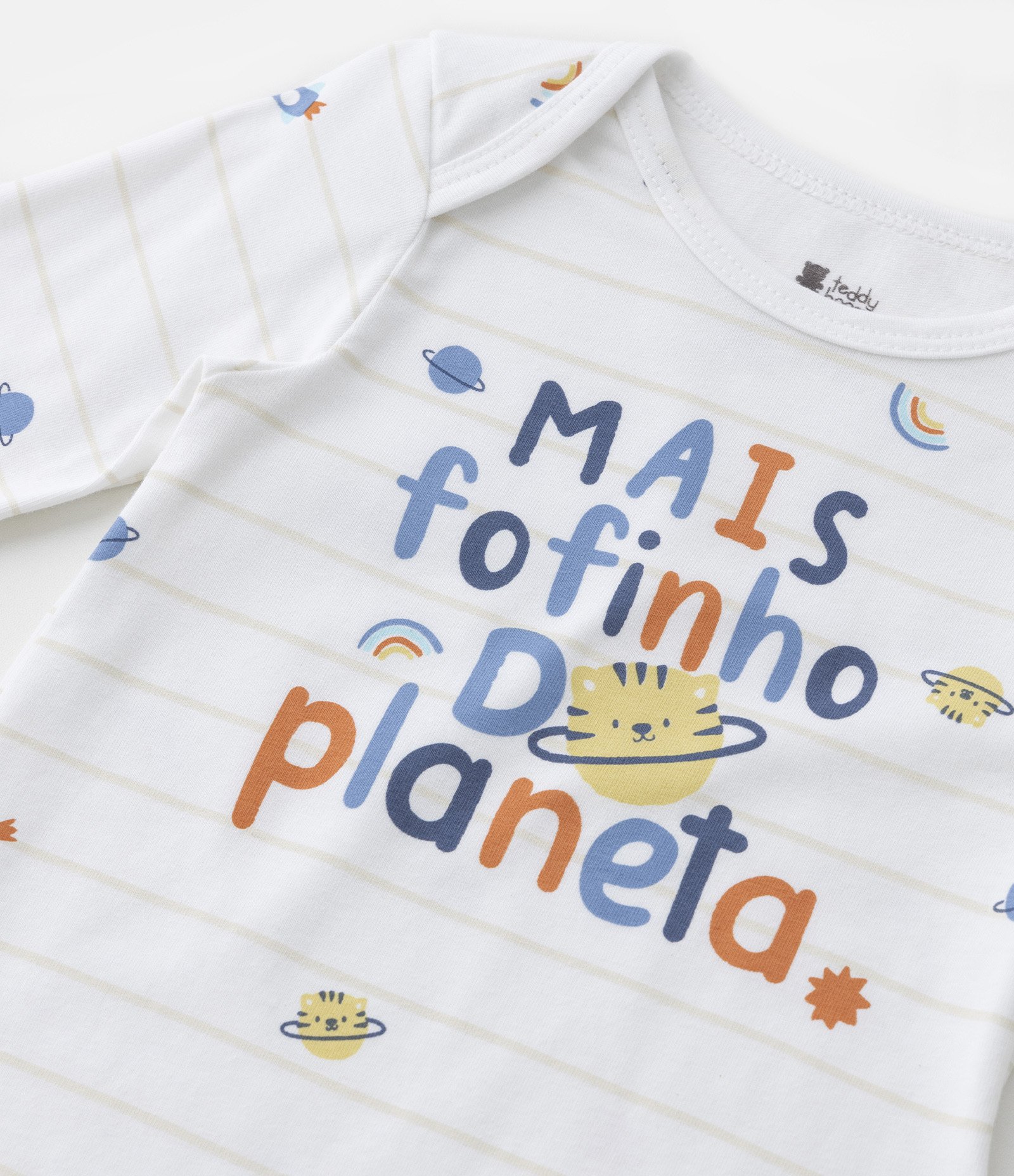 Body Longo Infantil com Estampa com Lettering e Planetas - Tam RN a 18 meses Branco 6