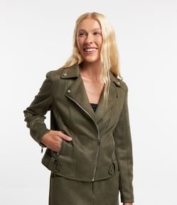 Jaqueta Biker em Suede com Bolsos com Zíperes
