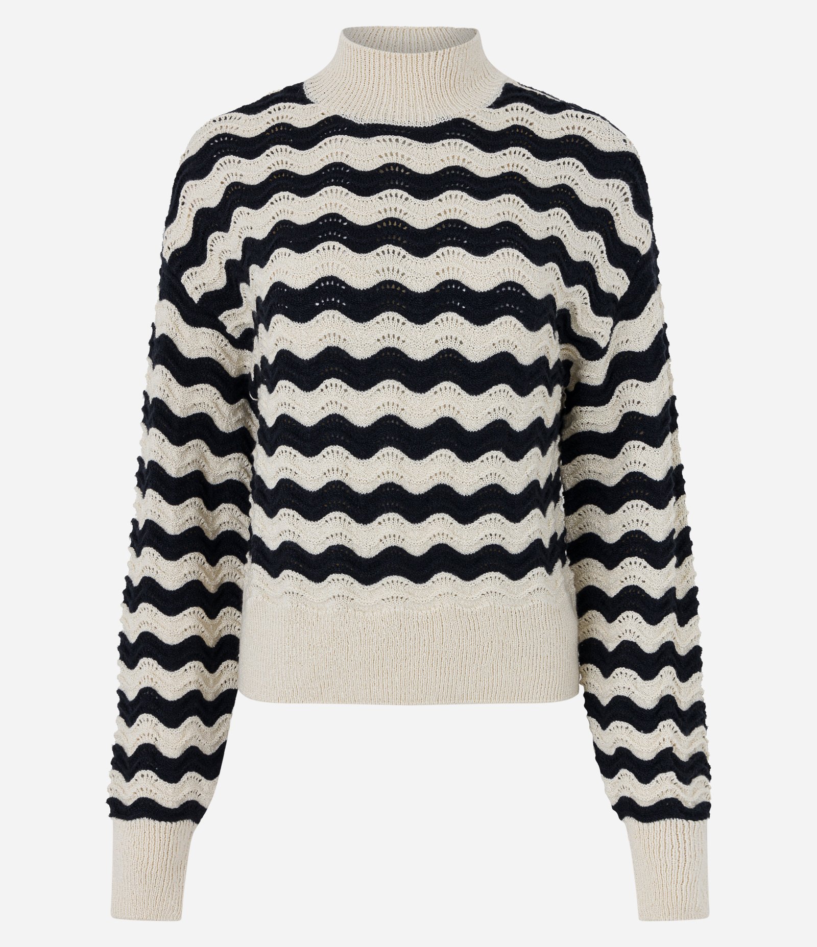 Suéter em Tricô com Ponto Aberto e Listras de Ondas Off White/Preto 5