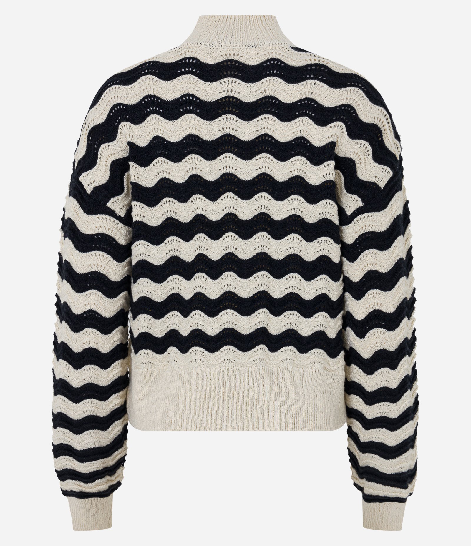 Suéter em Tricô com Ponto Aberto e Listras de Ondas Off White/Preto 7