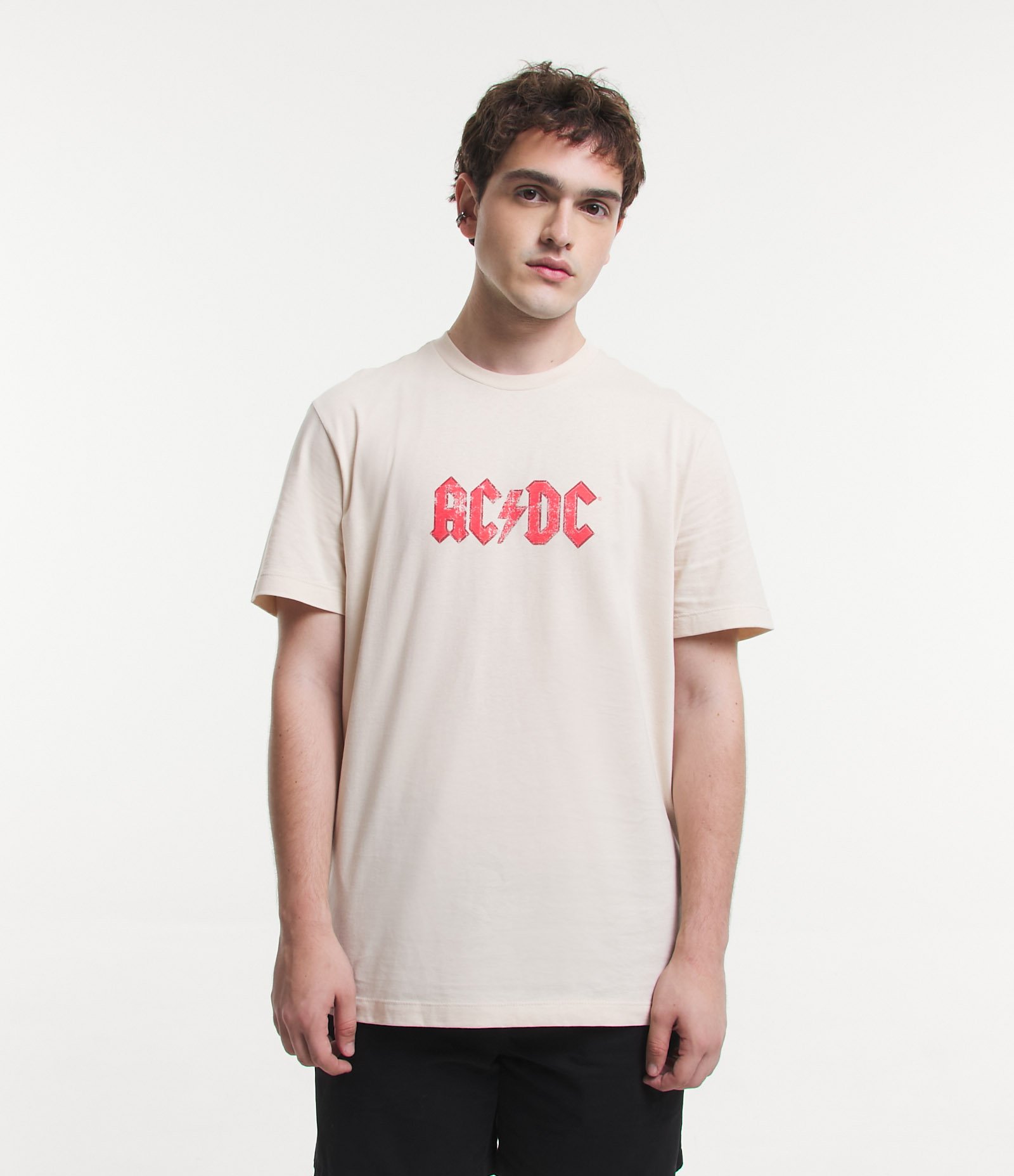 Camiseta Comfort em Meia Malha com Estampa ACDC Bege 1