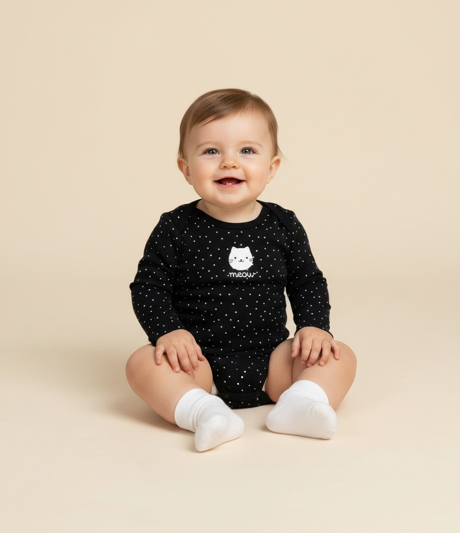 Body Longo Infantil com Estampa Poá e de Gatinha - Tam 0 a 24 meses Preto 1