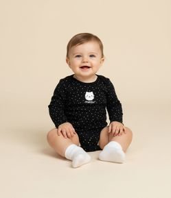 Body Longo Infantil com Estampa Poá e de Gatinha - Tam 0 a 24 meses