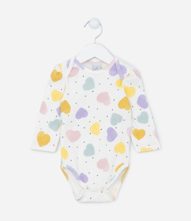 Body Manga Longa Infantil com Estampa de Corações - Tam 0 a 18 meses