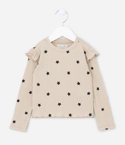 Blusa Canelada Infantil Manga Longa com Estampa de Estrelas - Tam 1 a 5 anos