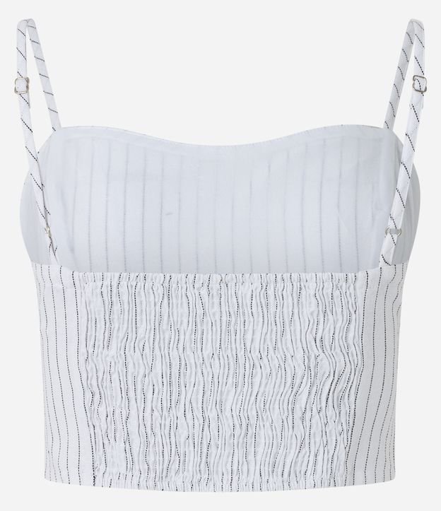 Blusa de Alça Cropped em Linho Listrado com Recorte Vazado