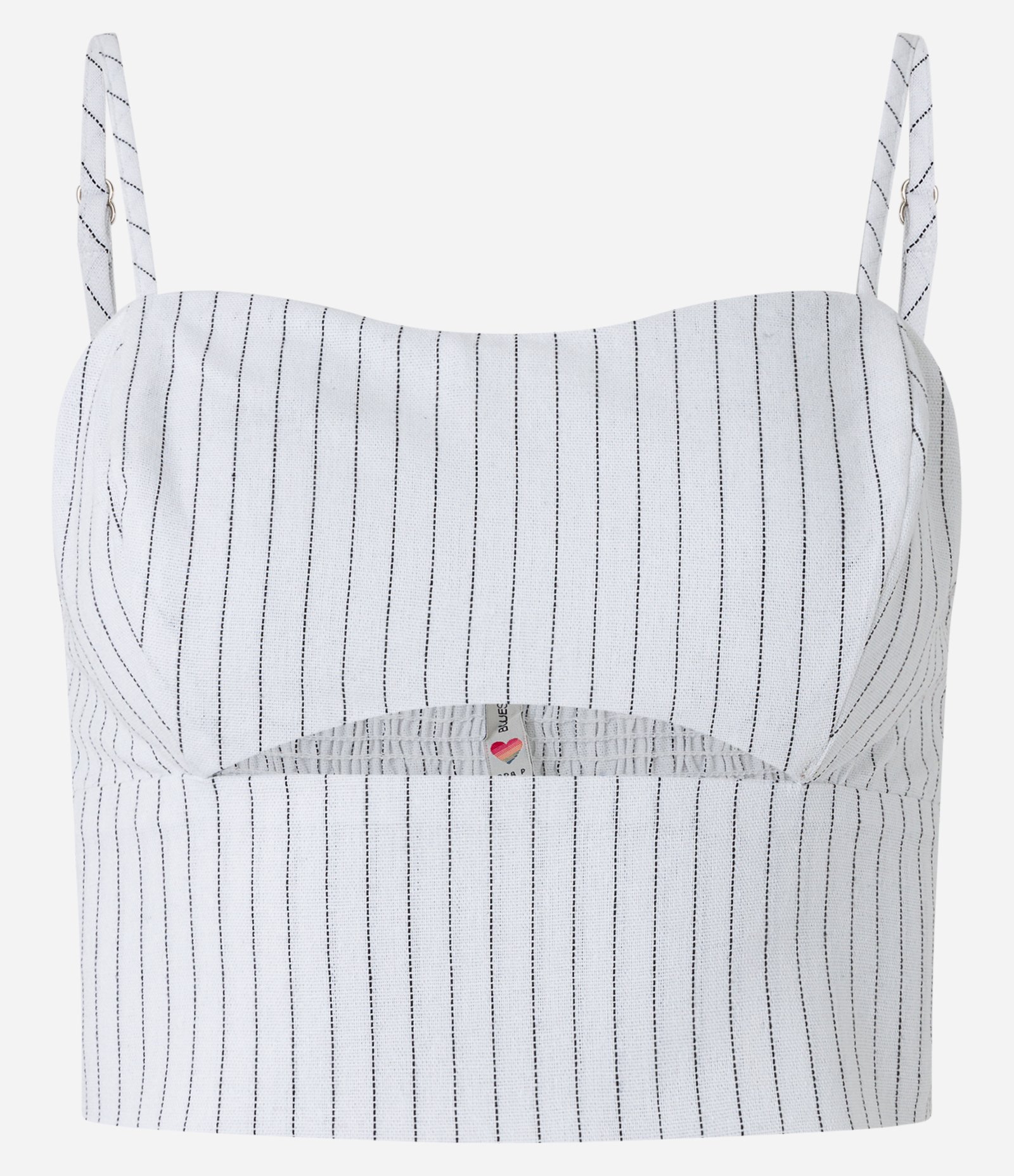 Blusa de Alça Cropped em Linho Listrado com Recorte Vazado Branco 1