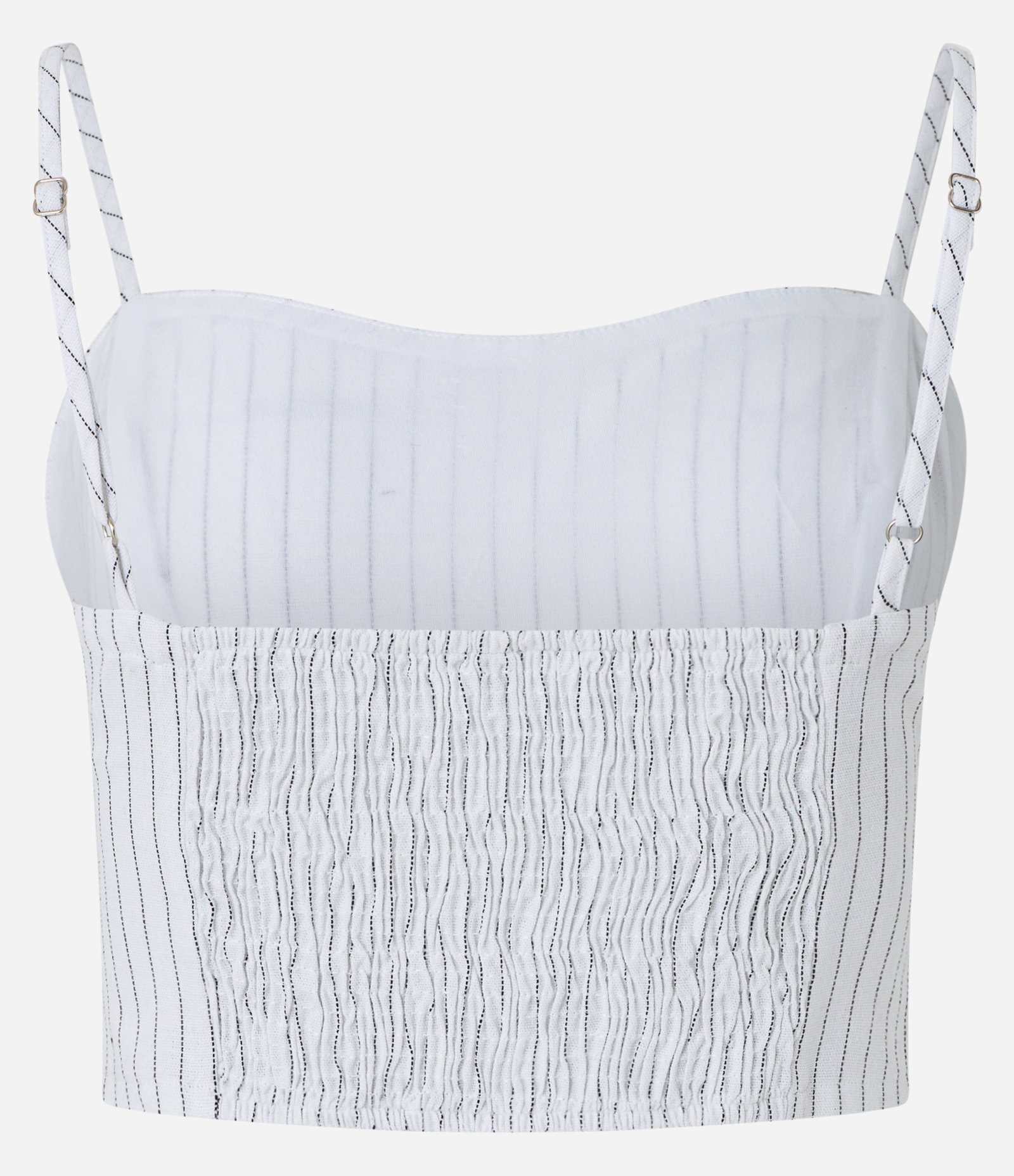 Blusa de Alça Cropped em Linho Listrado com Recorte Vazado Branco 2