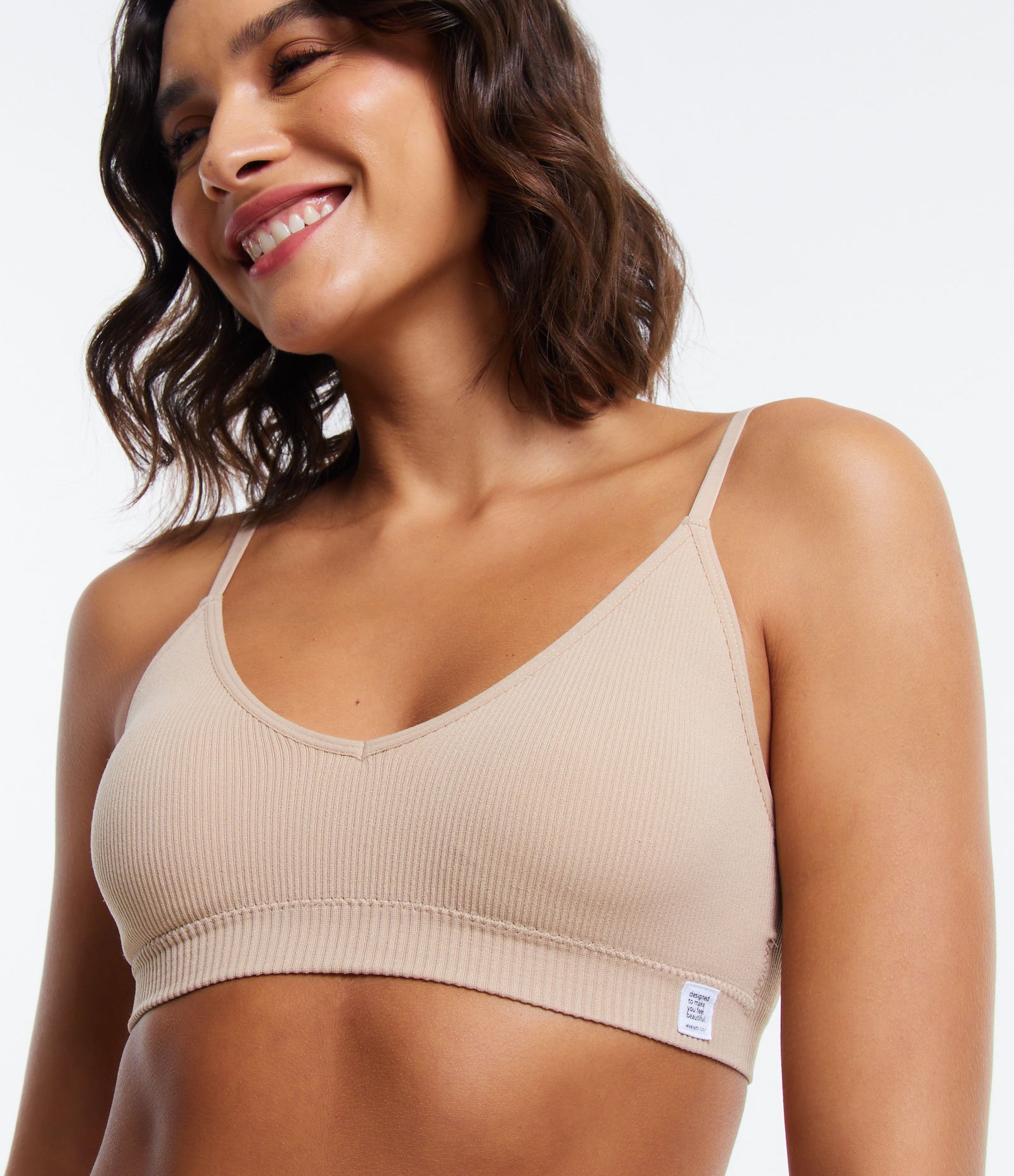 Sutiã Top sem Bojo em Microfibra com Textura Canelada Bege 4