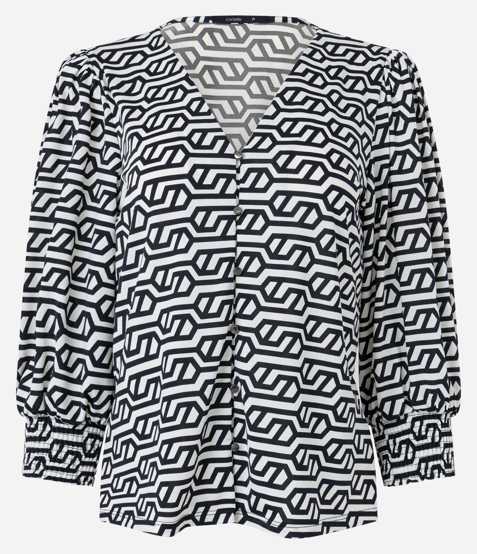 Blusa com Manga 3/4 Bufante e Estampa Geométrica Preto/ Branco 6