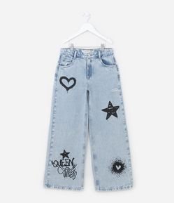 Calça Wide Leg Infantil em Jeans com Estampa Grafitada - Tam 5 a 14 anos