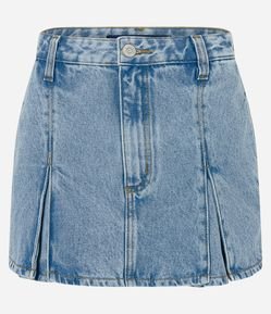 Short Saia em Jeans com Recortes Frontais e Bolsos Laterais