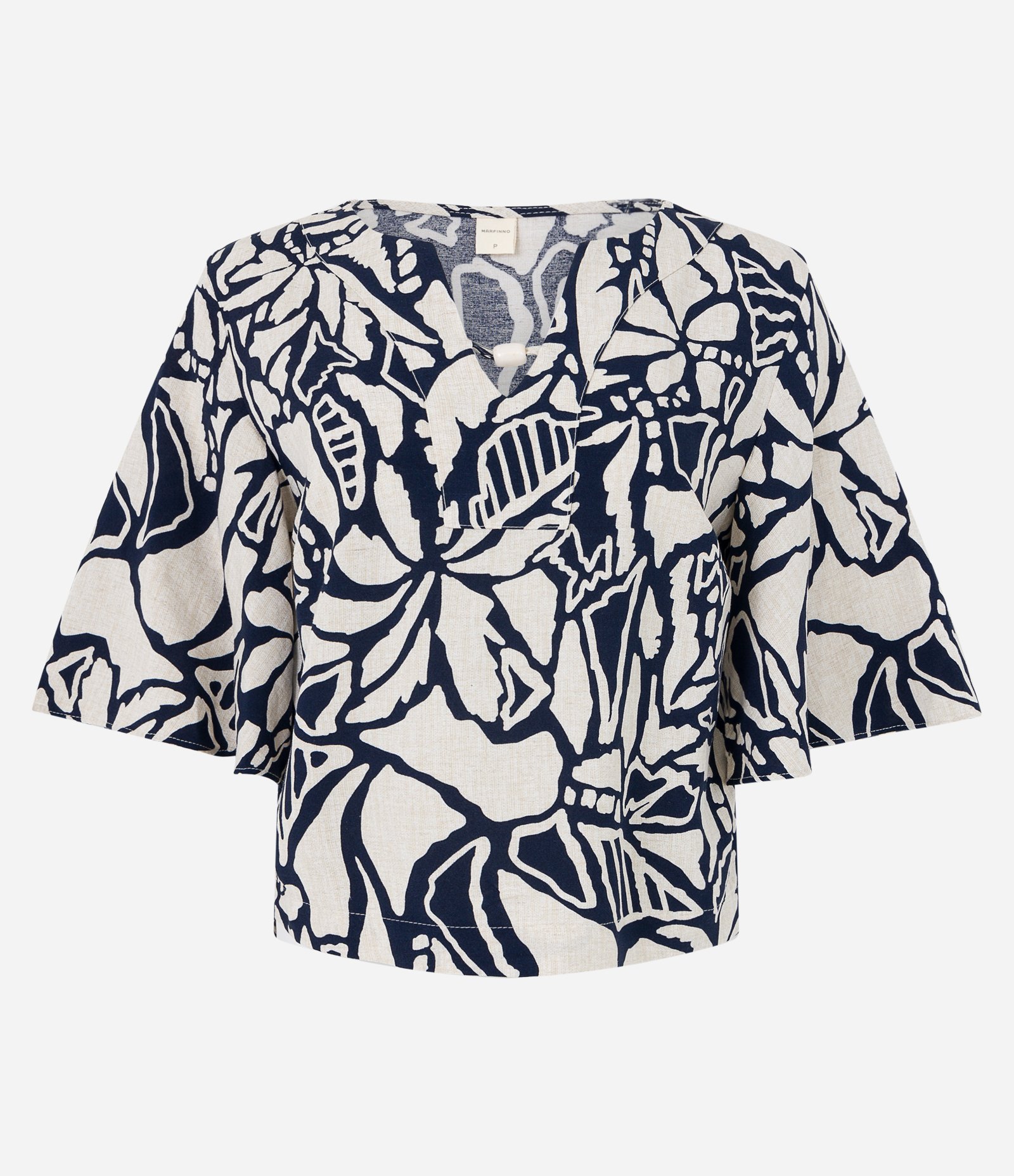 Blusa em Viscolinho com Manga Ampla e Estampa Folhagem Contrastante Azul/ Branco 7